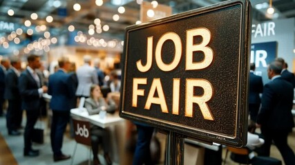 Closeup of job fair signboard at a job expo unemployment inflation layoff recruitment
