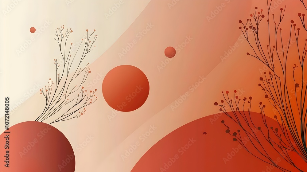 Poster abstract design featuring warm tones of orange and red with delicate line illustrations of plants an