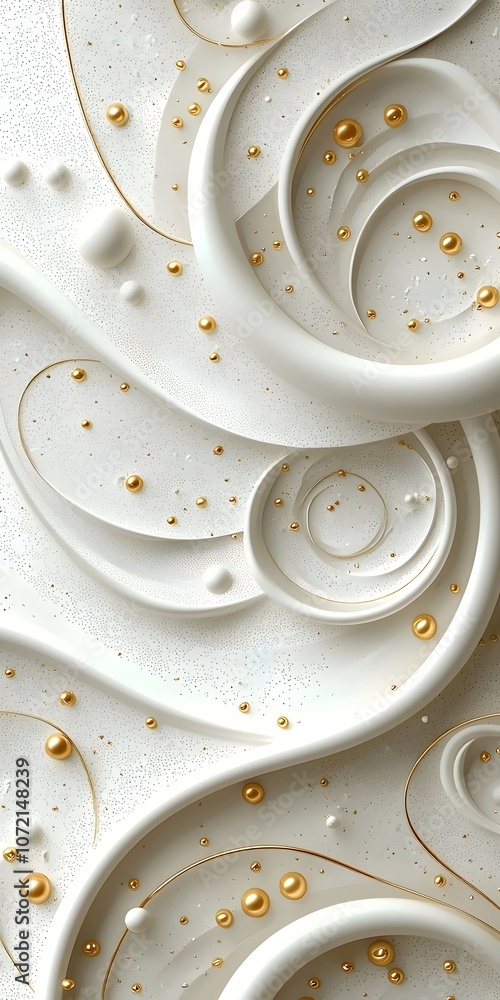 Poster abstract design featuring swirling white textures and golden spherical elements, creating an elegant