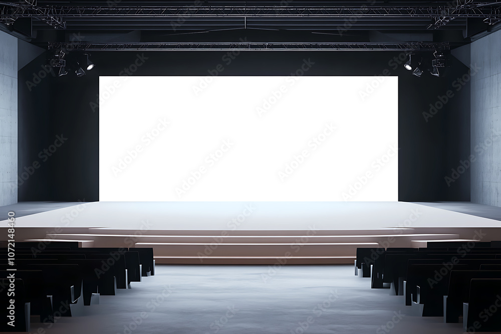 Poster front view on big blank white illuminated screen with space for your text or logo in empty huge hall