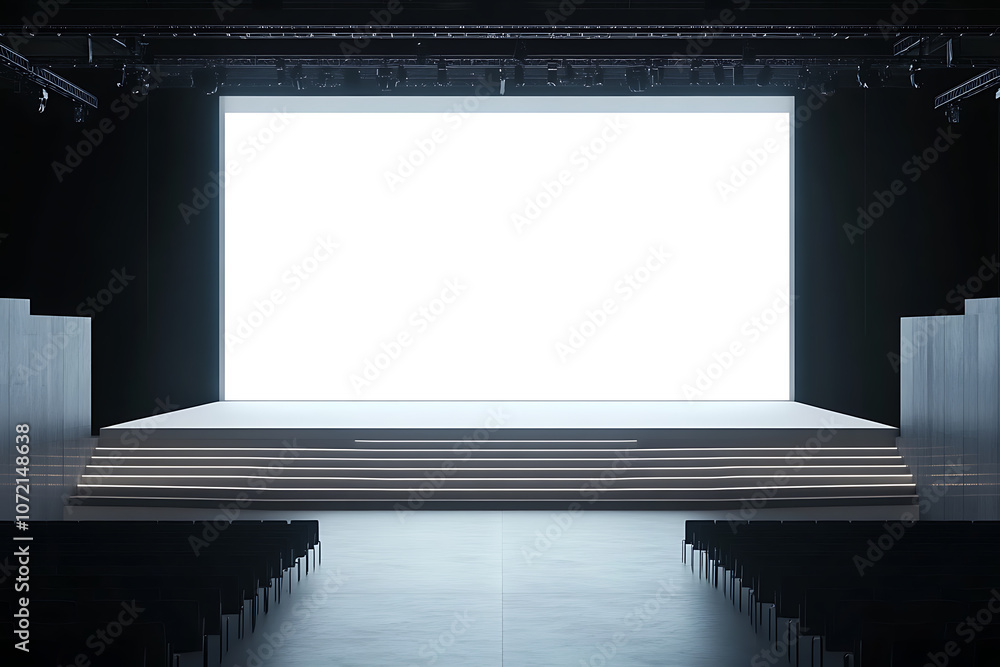 Poster front view on big blank white illuminated screen with space for your text or logo in empty huge hall