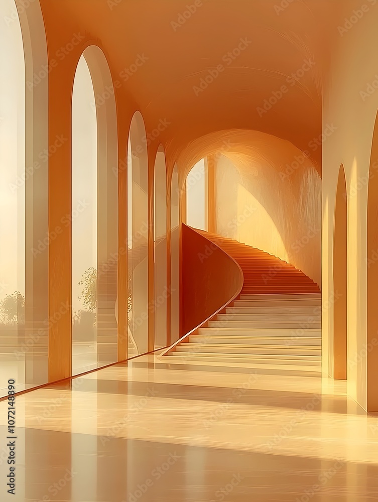 Poster a serene interior featuring a sweeping curved staircase bathed in warm golden light, creating a tran