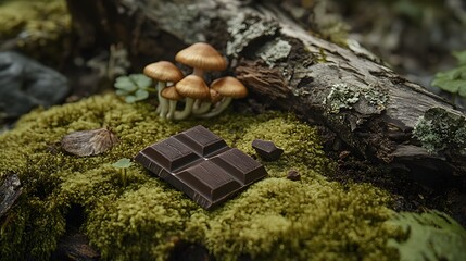 A piece of mushroom-flavored chocolate rests on lush green moss with wild mushrooms nearby. This organic presentation evokes a mystical forest setting.