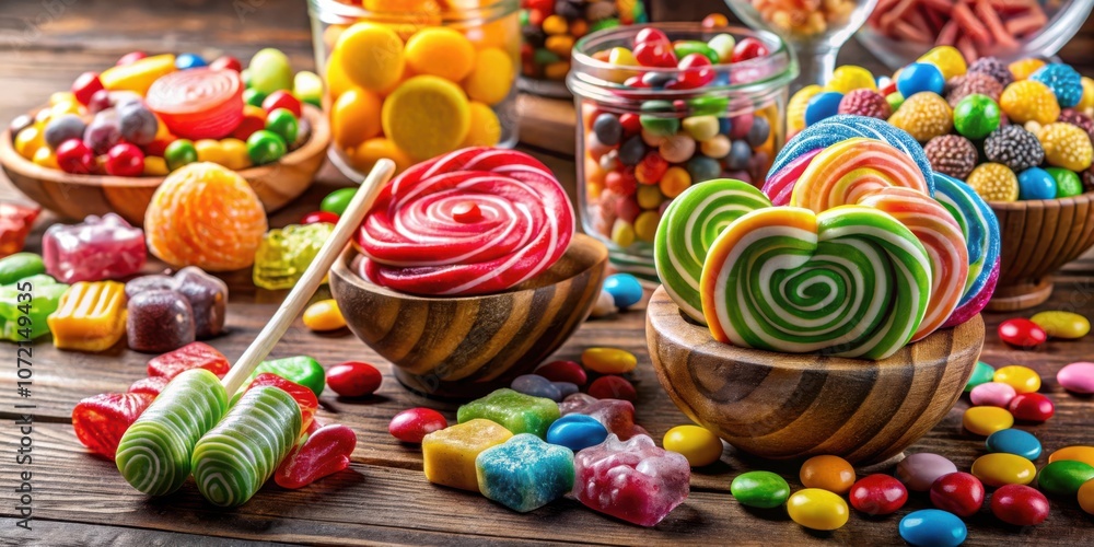 Poster a festive display of colorful candies and lollipops in wooden bowls on a rustic table