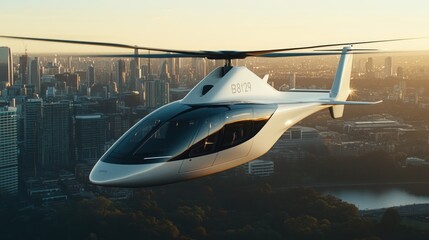 Modern white helicopter flying over a city at sunrise.