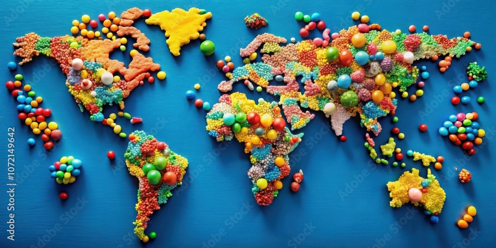 Poster a world map created with colorful candies, featuring continents shaped from sweet treats and small c