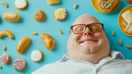 A joyful person surrounded by colorful desserts, showcasing a lighthearted atmosphere of indulgence and delight.