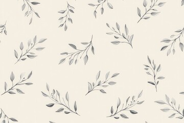 A minimalist pattern featuring small, repeated line-drawn leaves and branches in a soft gray on a pastel background, evoking a natural