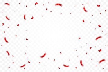Bright Red Confetti Falling On Transparent Background. Celebration And Happy Birthday. Party Wallpaper. Vector Illustration