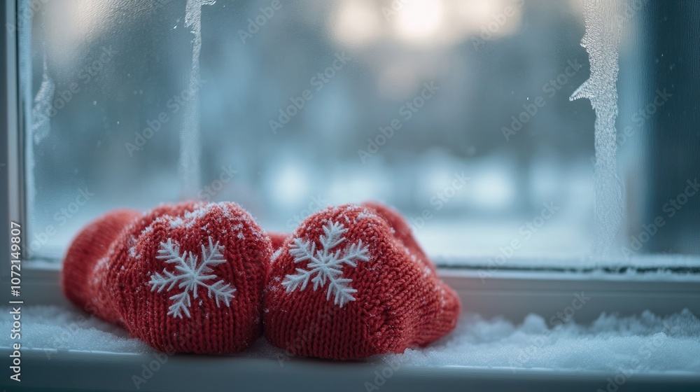 Poster red knitted mittens with snowflake pattern on a snowy windowsill with a blurred winter background.