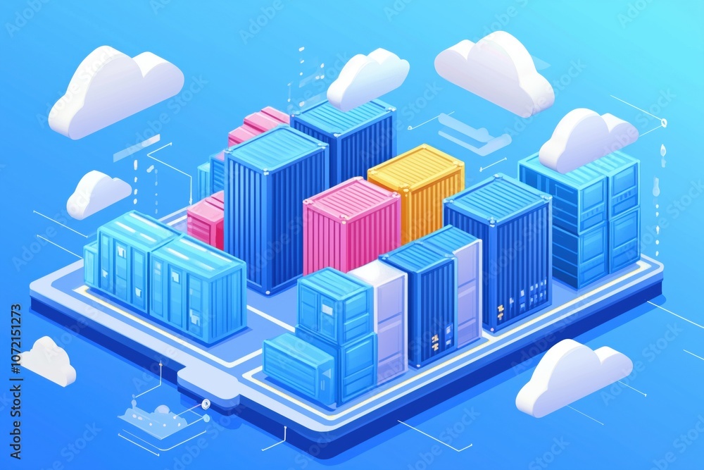 Poster colorful shipping containers in digital landscape with clouds and data elements