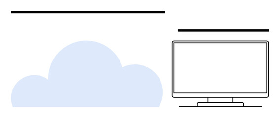 Monitor next to cloud graphic. Ideal for cloud computing, technology, internet storage, remote work, digital transformation, data management, IT solutions. Line metaphor