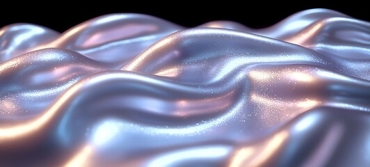Naklejka premium A close-up view of iridescent rippling fabric showcasing waves of soft, shiny texture, reflecting light in shades of blue and silver creating an ethereal atmosphere.