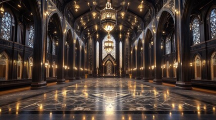 Fototapeta premium A grand, gothic hall with high ceilings, arched windows, and a geometric marble floor.