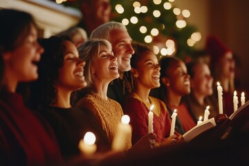 Choir singing Christmas carols at community center with candles