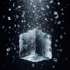 Full depth of field on falling ice cube isolated on black background
