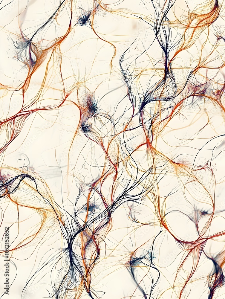 Poster abstract artwork featuring intricate lines and swirls in hues of orange, black, and cream, creating 