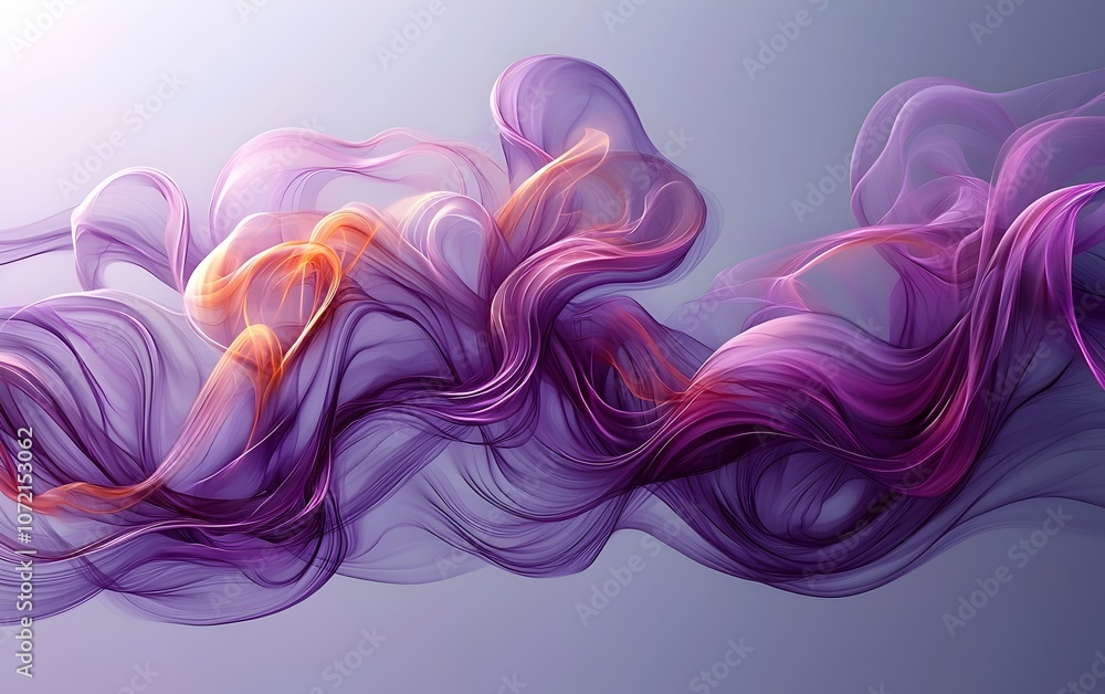 Poster an abstract composition featuring fluid, flowing waves in shades of purple and orange, creating a se
