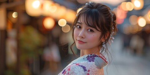 Naklejka premium Japanese Woman in Kimono in Evening Market