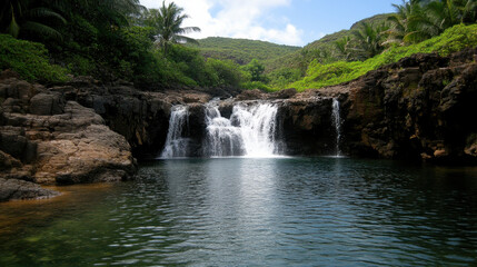 Fototapeta premium serene waterfall cascading into tranquil pool surrounded by lush greenery
