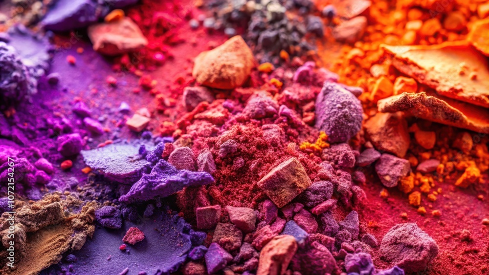 Poster a close-up of crushed colorful makeup powder with a vibrant purple and orange hue creating a texture
