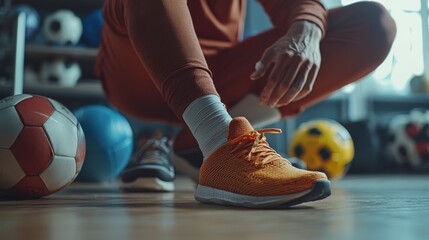 Naklejka premium Athlete icing injured ankle surrounded by sports equipment | Recovery and Rehabilitation in Sports Scene