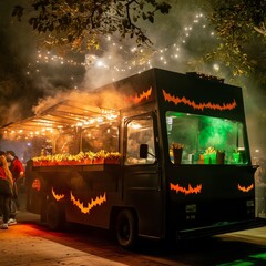 Food Truck at Night with Bat Decorations.