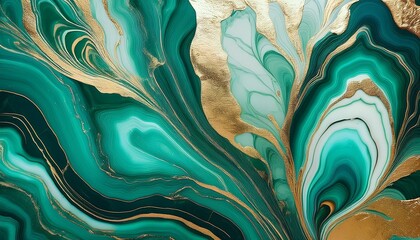 Green and Turquoise Abstract Fluid Art with Gold Veins and Marble Texture