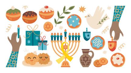 Jewish holiday Hanukkah cute hand drawn elements. Childish print for stickers, cards and invitation. Vector illustration