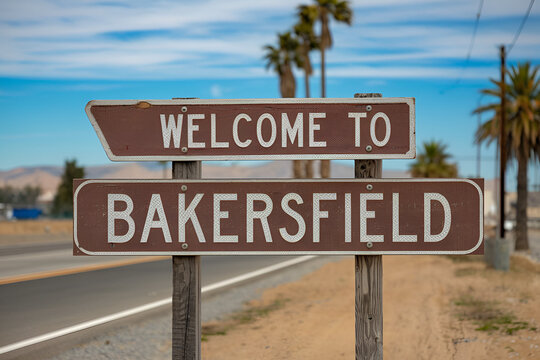 Stylish wooden "Welcome to Bakersfield" sign, ideal for US city entrance road signs, travel signage, urban landmarks, and city-themed branding projects.