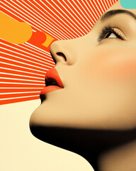 Graphic profile portrait of a woman with red lips, bold colors, and abstract background, combining...