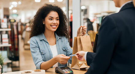 A smiling woman hands her credit card to a cashier while holding shopping bags in a store.