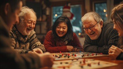Fototapeta premium A group of seniors laugh and play a board game together on a snowy evening.