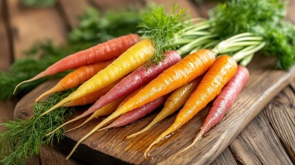 Rustic Roasted Rainbow Carrots with Fresh Dill and Honey Drizzle: Commercial Food Photography, Clean Composition with Natural Lighting on Wooden Board.
