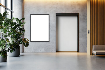 Modern lobby with an elevator door open and blank poster for advertising. 3D Rendering