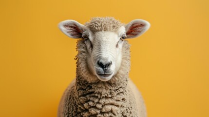 Fototapeta premium Close-up portrait of a sheep against a yellow background