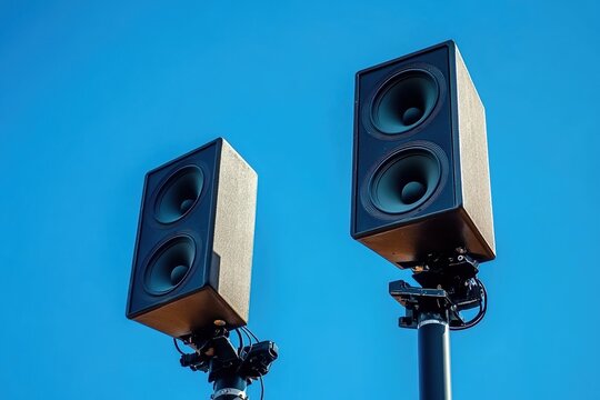 
Close-up of two loudspeakers on a pole with a blue sky background.