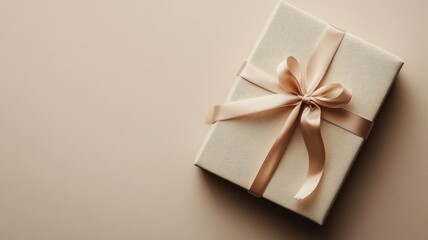 Elegant gift box with beige ribbon on neutral background