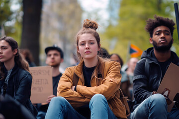 Peaceful protest in the park, people sitting and holding placards, calm and determined faces.