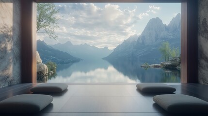 A view of a lake with mountains in the background. There are four pillows on the floor