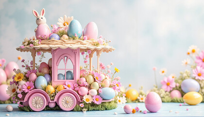 Colorful Easter parade display with eggs and bunny decor