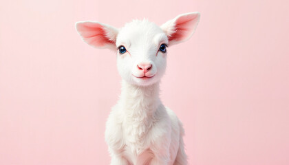 Cute baby lamb on pastel pink background