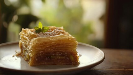 Delicious piece of flaky pastry with honey and nuts