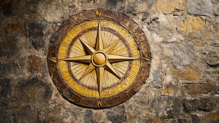 Fototapeta premium Ancient, rustic compass rose carved into weathered stone wall