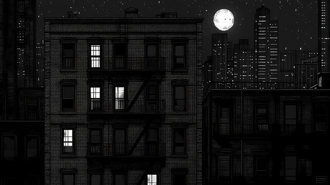 Noir city scenery background, scenery high contrast retro buildings window patterns of light, mystery novel paranoia lonely urban architecture film noir (generative ai, ai). Noir. Illustration