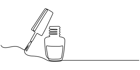 Nail varnish one line drawing on white isolated background for store, banner and business card. Linear art. Vector illustration, Bottle of nail polish as one line drawing banner. Continuous hand drawn