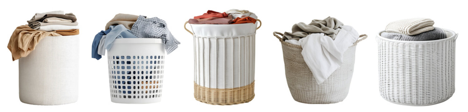Collection of laundry wicker plastic basket pile with clothes on transparent cutout PNG file. White cream beige set. Many different design. Mockup template for artwork