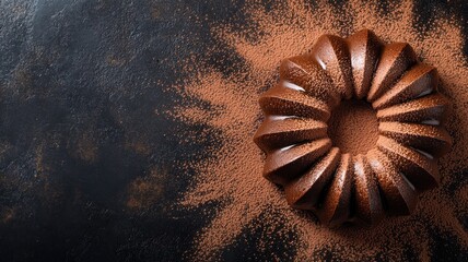Top view of chocolate bundt cake on dark surface dusted with cocoa powder