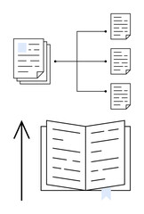 Flowchart of document organization with multiple documents branching into an open book. Ideal for presentations, education, project management, data organization, process explanation, research