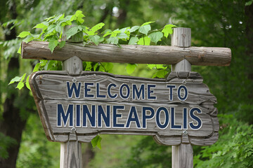Beautiful wooden "Welcome to Minneapolis" sign, ideal for US city entrance road signs, travel signage, urban landmarks, and city-themed promotional projects.